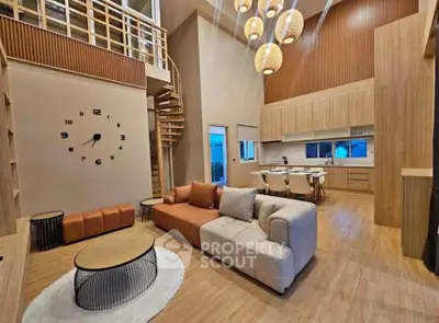 Stunning modern living room with high ceilings and elegant wooden finishes