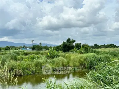 Scenic rural landscape with lush greenery and distant mountains under a cloudy sky.