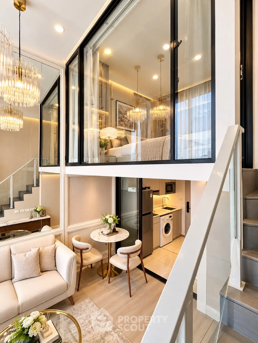 Luxurious modern duplex with elegant living room and cozy bedroom loft