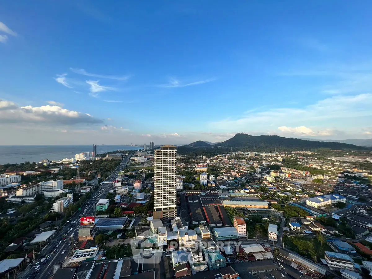 Stunning aerial view of coastal cityscape with mountains and ocean horizon.