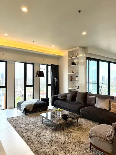 Luxurious living room with stunning city view and modern decor