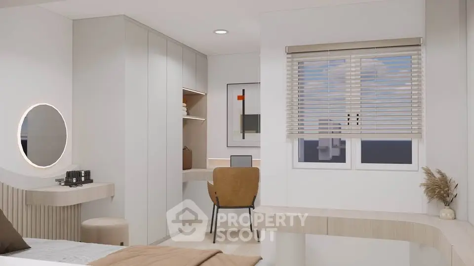 Modern bedroom with stylish decor and study area, featuring a large window and contemporary furnishings.