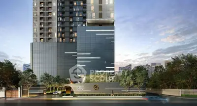 Modern high-rise building exterior with sleek design and urban skyline backdrop.