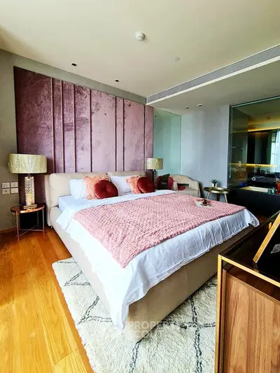 Luxurious bedroom with plush decor and modern design in upscale apartment