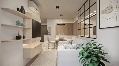 Modern living room with stylish decor, open layout, and cozy seating area.