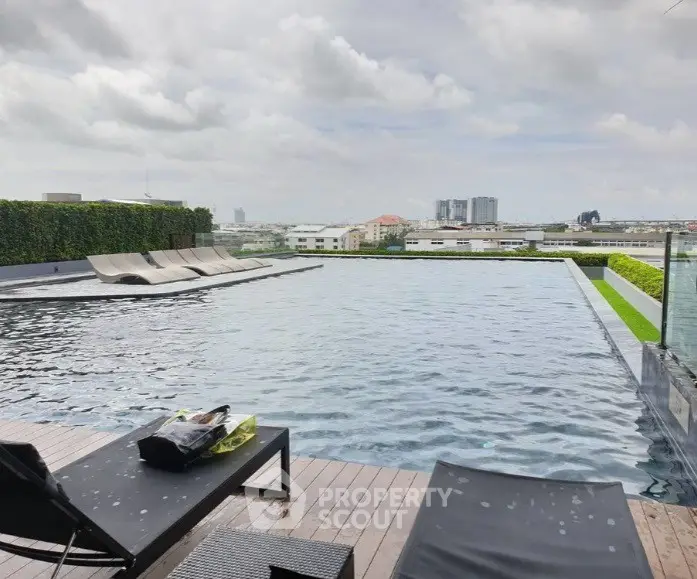 Luxurious rooftop infinity pool with stunning city views and modern lounge chairs.