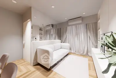Modern living room with elegant decor, featuring a cozy white sofa, stylish lighting, and chic wooden flooring.