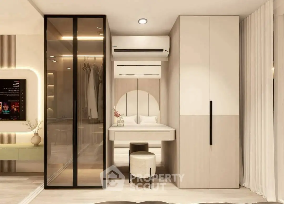 Modern bedroom with sleek wardrobe and stylish vanity area