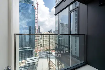 Stunning urban balcony view with modern skyscrapers and cityscape panorama.
