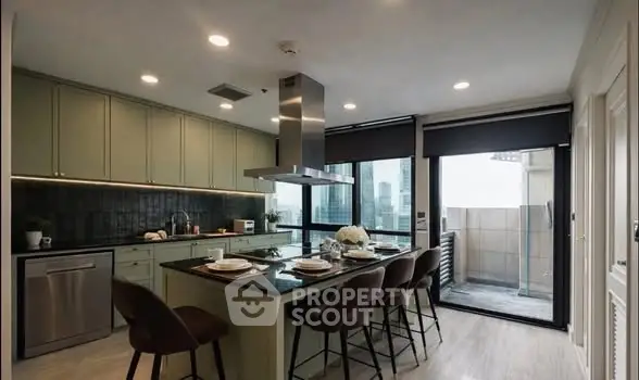 Luxurious modern kitchen with island and city view, perfect for entertaining.