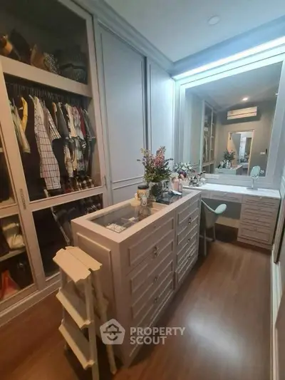 Luxurious walk-in closet with elegant cabinetry and ample storage space.