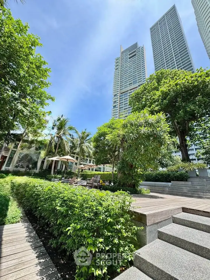 Luxurious urban garden with skyscraper backdrop, perfect for city living.