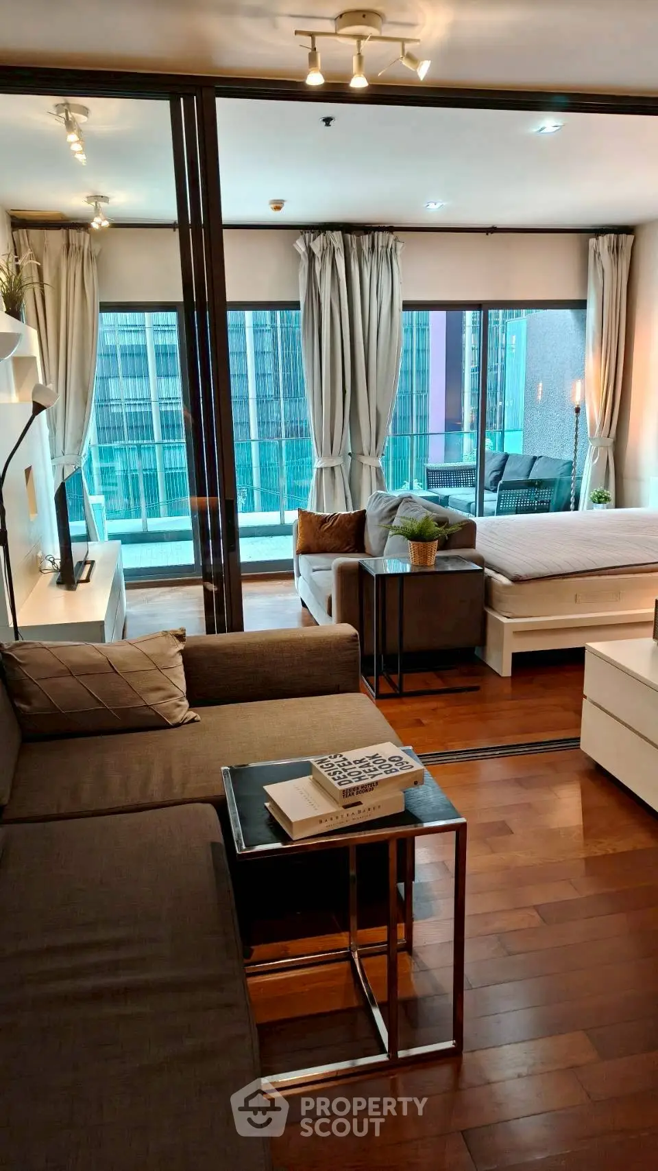 Modern studio apartment with open layout and city view