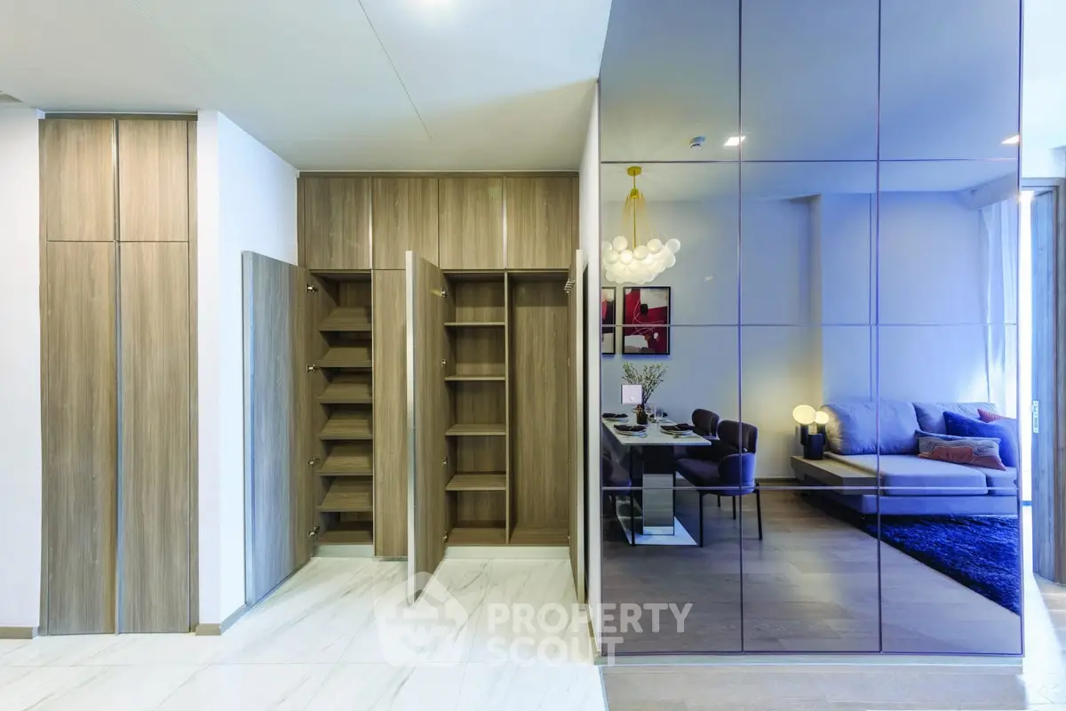 Modern living room with sleek storage and stylish decor