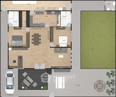 Modern floor plan with spacious layout, featuring a large garden and outdoor seating area, ideal for family living.