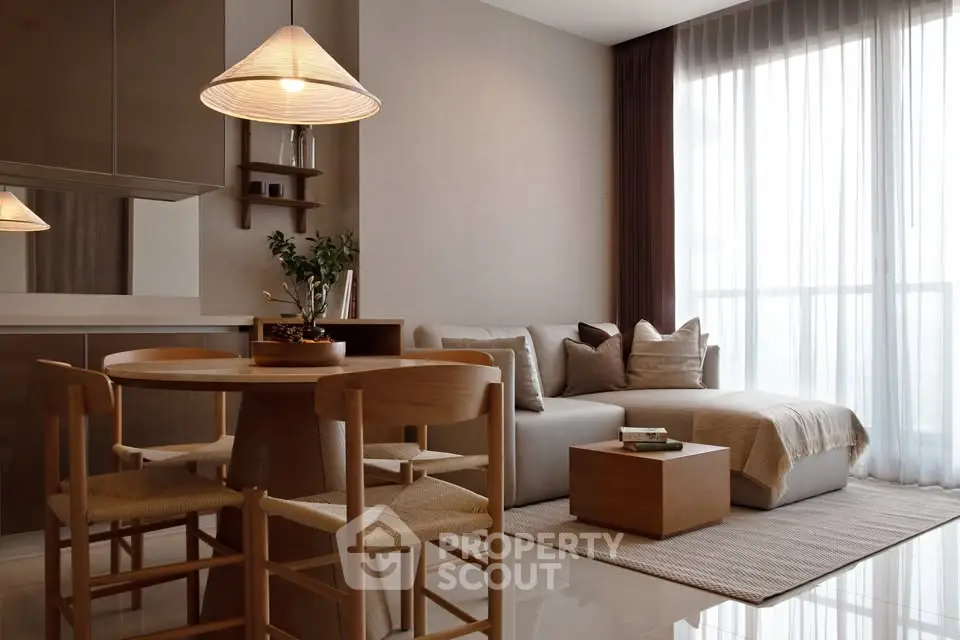 Modern living room with cozy dining area and natural light