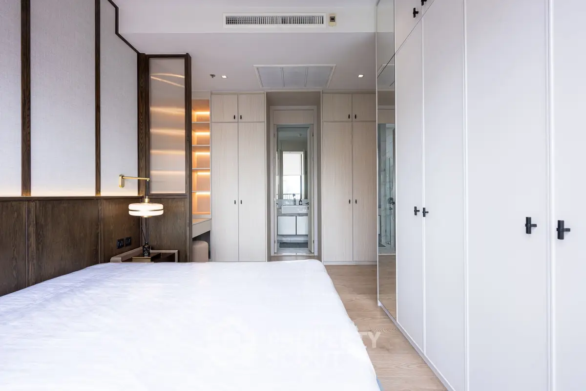 Modern bedroom with sleek built-in wardrobes and elegant lighting