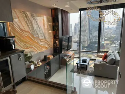 Luxurious modern living room with stunning city view and elegant decor