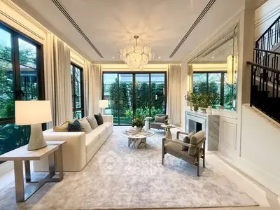 Luxurious living room with elegant decor, large windows, and stylish furniture, perfect for modern living.