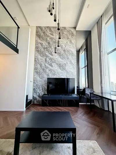 Luxurious modern living room with high ceilings and elegant decor