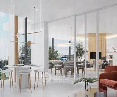 Luxurious modern living room with open layout and stylish furniture, featuring floor-to-ceiling windows.