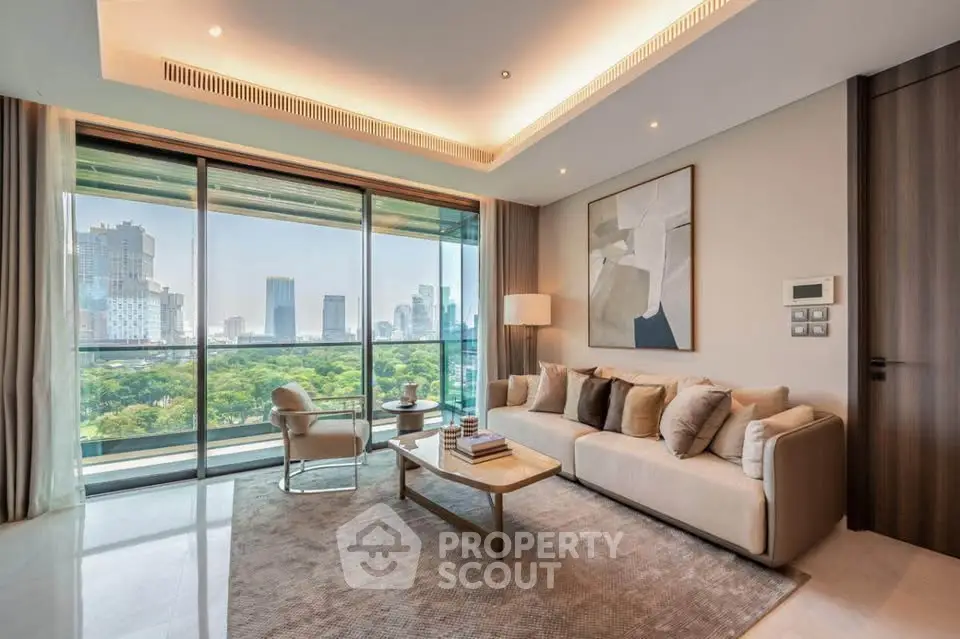 Luxurious living room with stunning city view and modern decor
