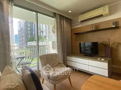 Modern living room with balcony view in urban apartment