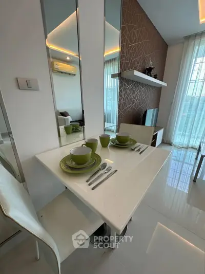 Modern living room with stylish dining area and elegant decor