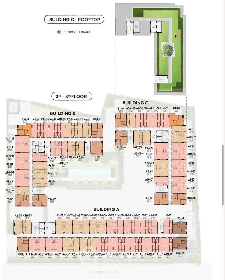Floor plan layout of a modern residential complex with multiple buildings and rooftop terrace.