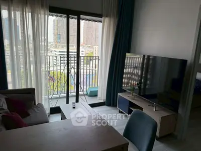 Modern living room with balcony view in urban apartment