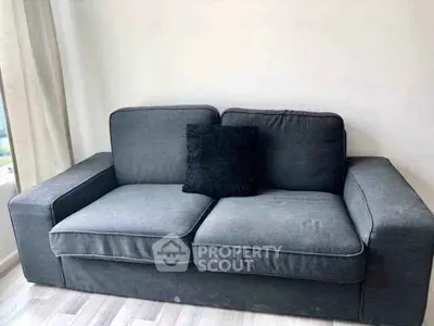 Modern gray sofa in a stylish living room with natural light and minimalist decor.