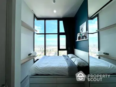 Modern bedroom with panoramic city view and stylish decor