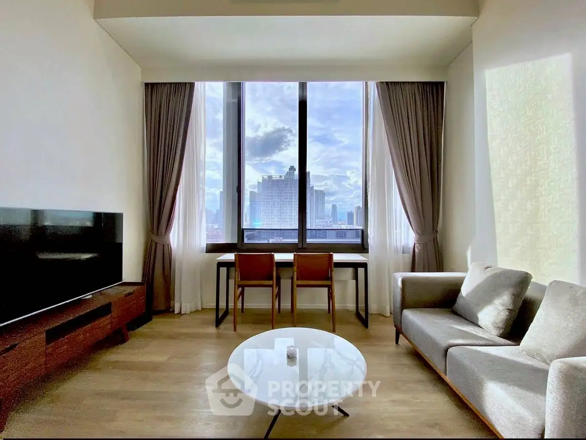 Modern living room with stunning city view and elegant furniture