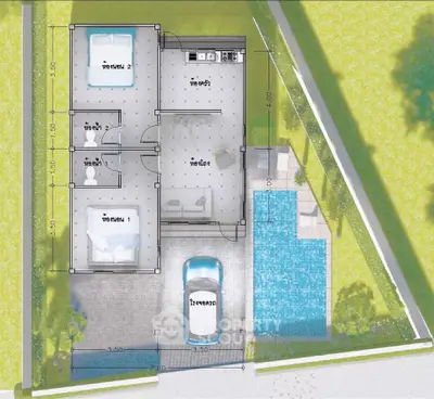 Modern architectural floor plan with pool and parking space, showcasing efficient layout and outdoor amenities.
