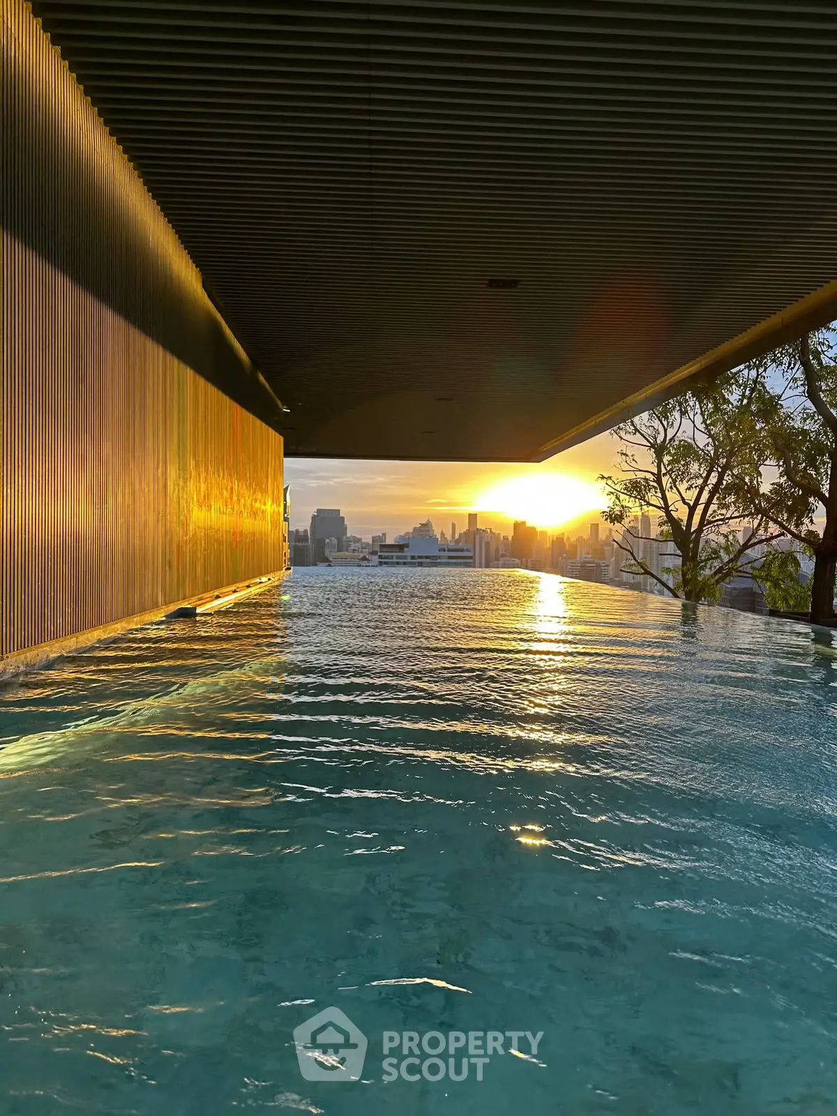 Stunning rooftop infinity pool with breathtaking city skyline view at sunset.