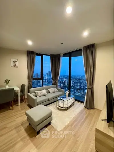 Stunning modern living room with panoramic city view and elegant decor