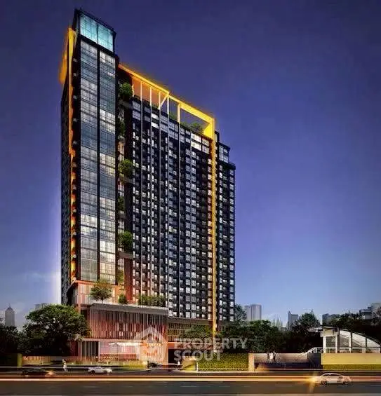 Stunning modern high-rise building with illuminated facade and lush greenery, perfect for urban living.