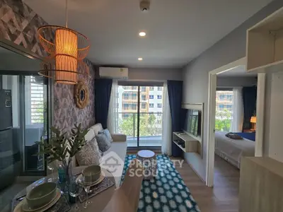 Modern living room with stylish decor and balcony view in a contemporary apartment