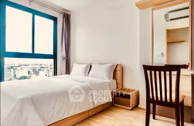 Modern bedroom with city view and stylish wooden furniture
