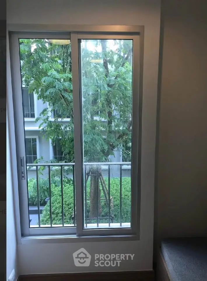 Bright window view with lush greenery from modern apartment