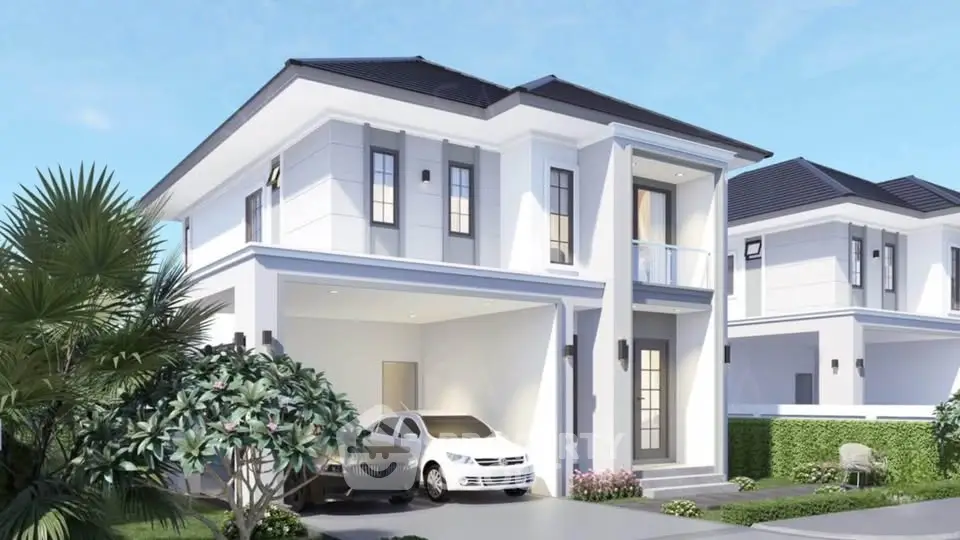 Modern two-story house with carport and lush landscaping