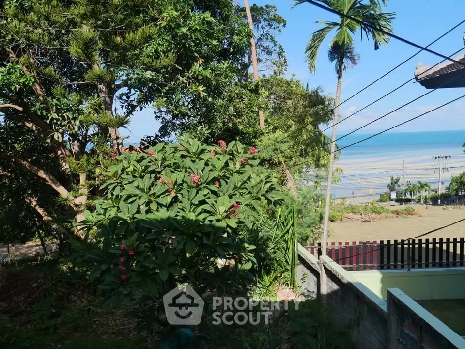 Stunning beachfront view from lush garden with tropical plants and ocean horizon.