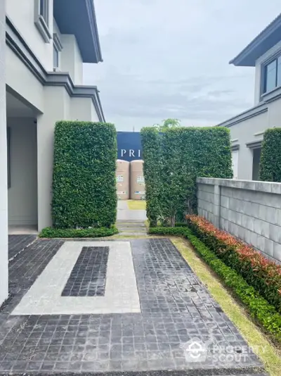 Modern residential driveway with lush green hedges and contemporary architecture