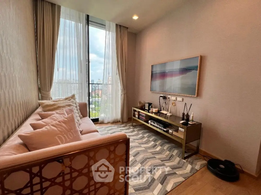 Stylish living room with modern decor and city view from large window.