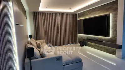 Luxurious modern living room with sleek design and ambient lighting