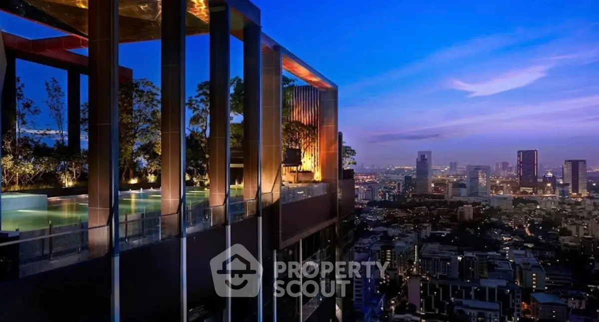 Luxurious rooftop pool with stunning city skyline view at dusk.