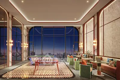 Luxurious modern living room with panoramic city view and stylish decor