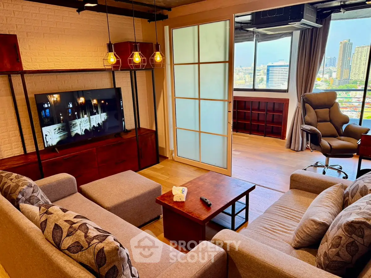 Spacious living room with modern decor and city view, featuring cozy seating and elegant lighting.