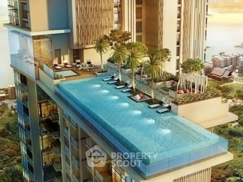 Luxurious high-rise building with stunning rooftop infinity pool and breathtaking city views.