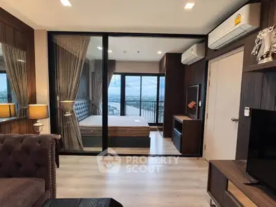Modern apartment interior with glass partition and city view